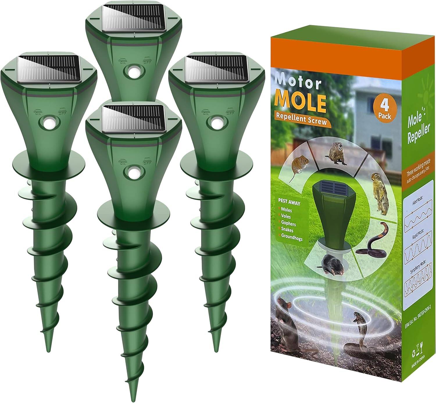 Motor MOLE Repellent Screw - Pest Away: Moles, Voles, Gophers, Snakes, Groundhogs - 4 Pack Mole Repeller