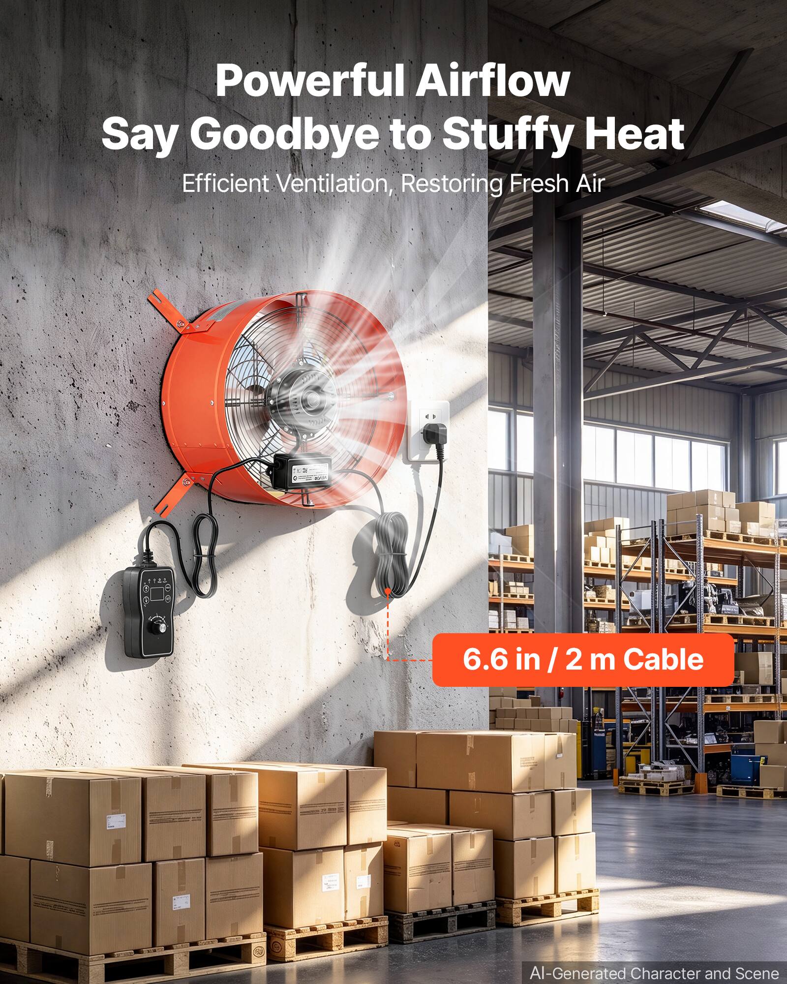 Powerful Airflow Say Goodbye to Stuffy Heat  
Efficient Ventilation, Restoring Fresh Air

6.6 in / 2 m Cable

AI-Generated Character and Scene