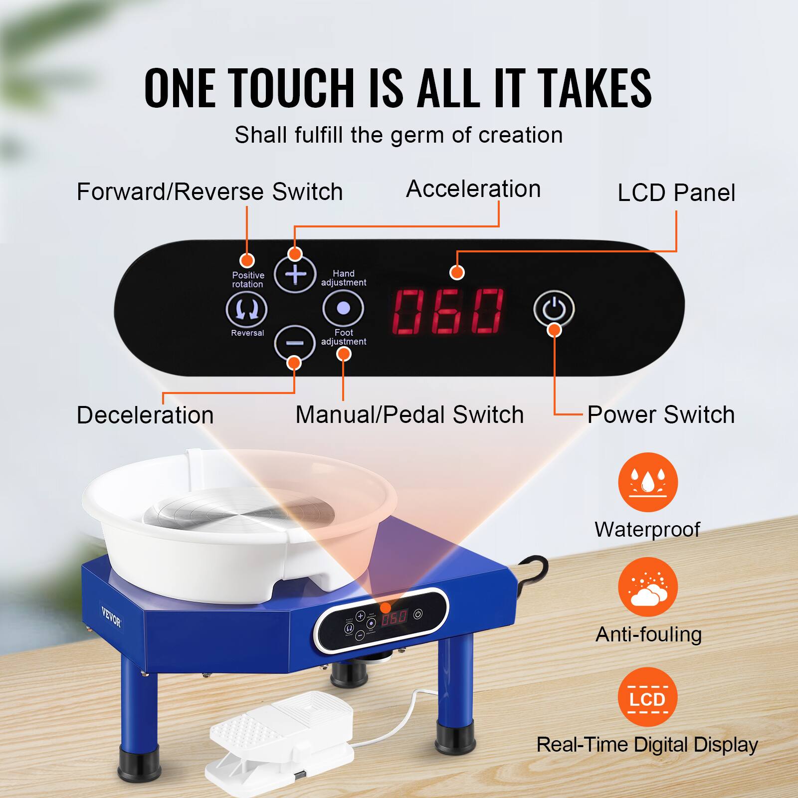 ONE TOUCH IS ALL IT TAKES Shall fulfill the germ of creation Forward/Reverse Switch Acceleration LCD Panel Positive rotation Reversal Hand adjustment Foot adjustment Deceleration Manual/Pedal Switch Power Switch Waterproof Anti-fouling LCD Real-Time Digital Display