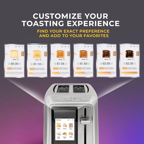 CUSTOMIZE YOUR TOASTING EXPERIENCE  
FIND YOUR EXACT PREFERENCE AND ADD TO YOUR FAVORITES

White  
White  
White  
White  
White  
White  

00:30  
01:10  
01:35  
01:50  
02:05  
02:30  

KALORIK  
X  
MAN  

Waysy  
What  
WWW grain  
Glum have  
WilMe