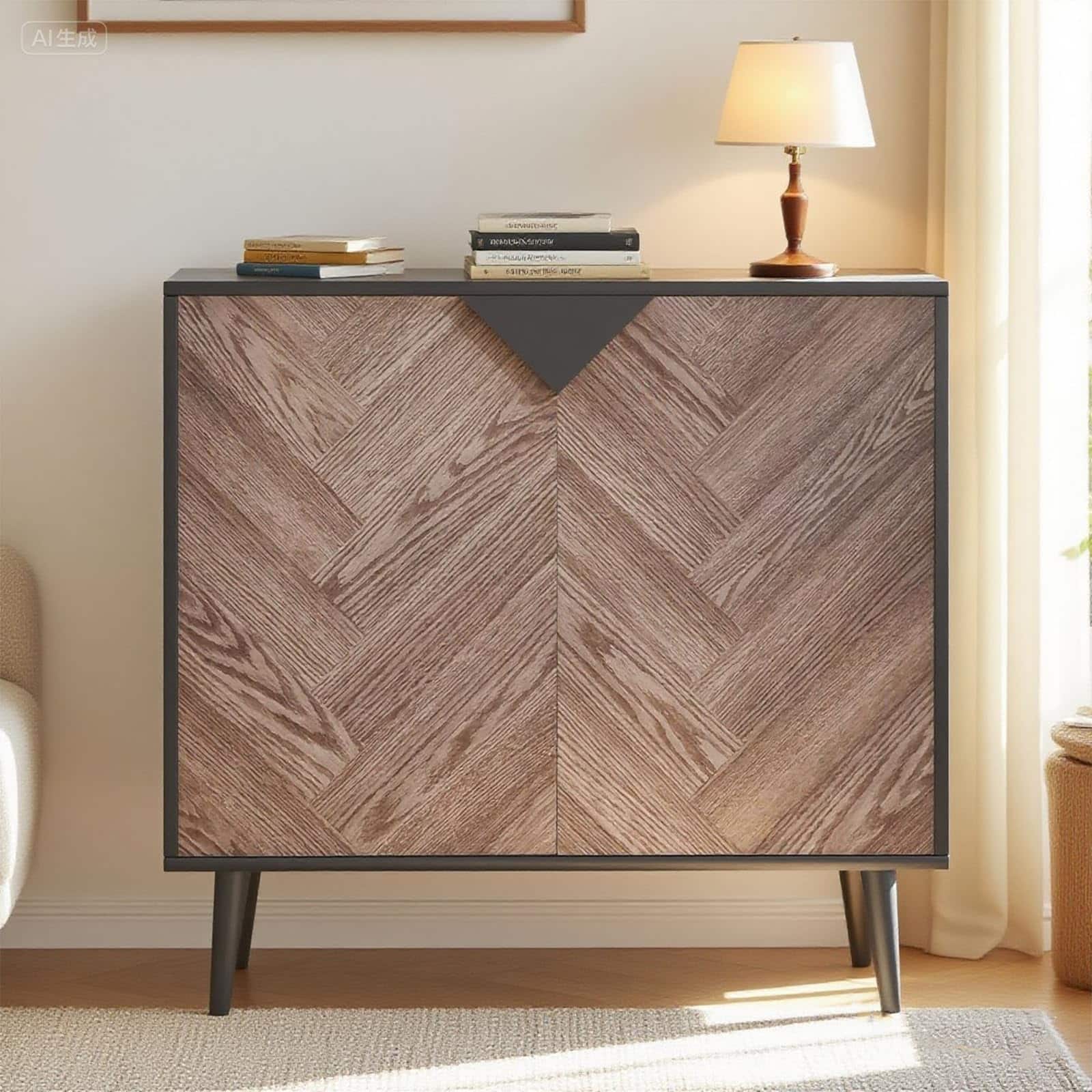 Qeetex - 31.5" Sideboard Buffet Cabinet with 2 Doors, Wood Finish Modern Storage Accent Cabinet - Black+grey Grain