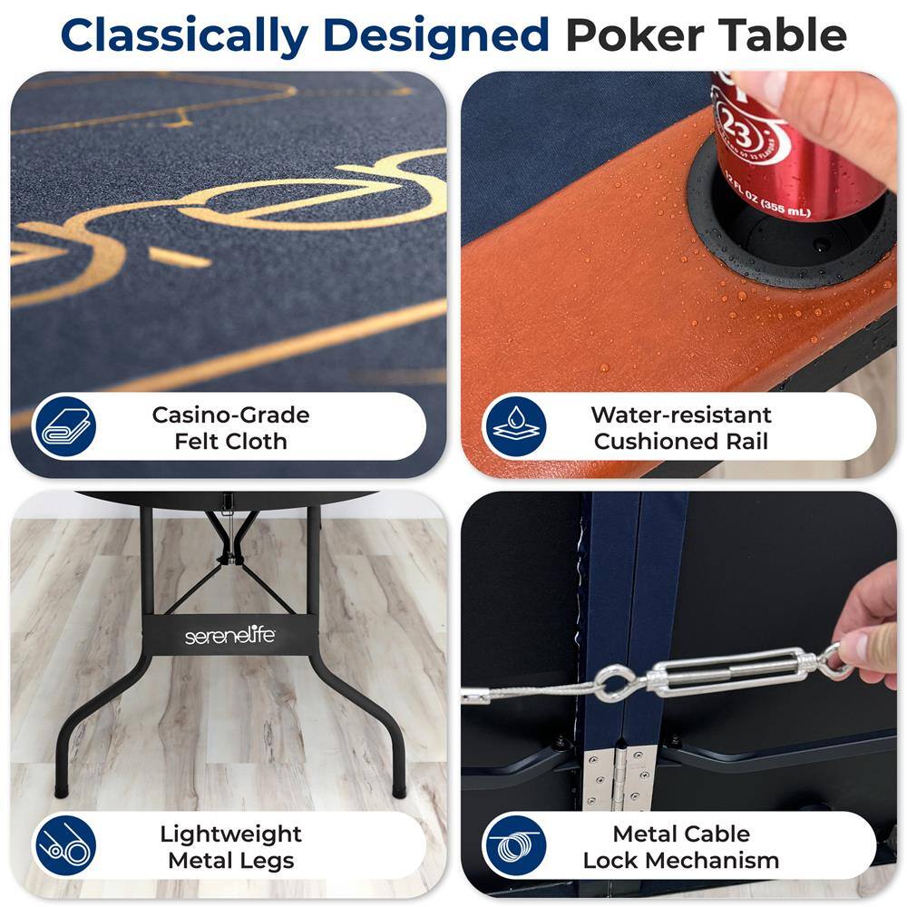 Classically Designed Poker Table

- Casino-Grade Felt Cloth
- Water-resistant Cushioned Rail
- Lightweight Metal Legs
- Metal Cable Lock Mechanism