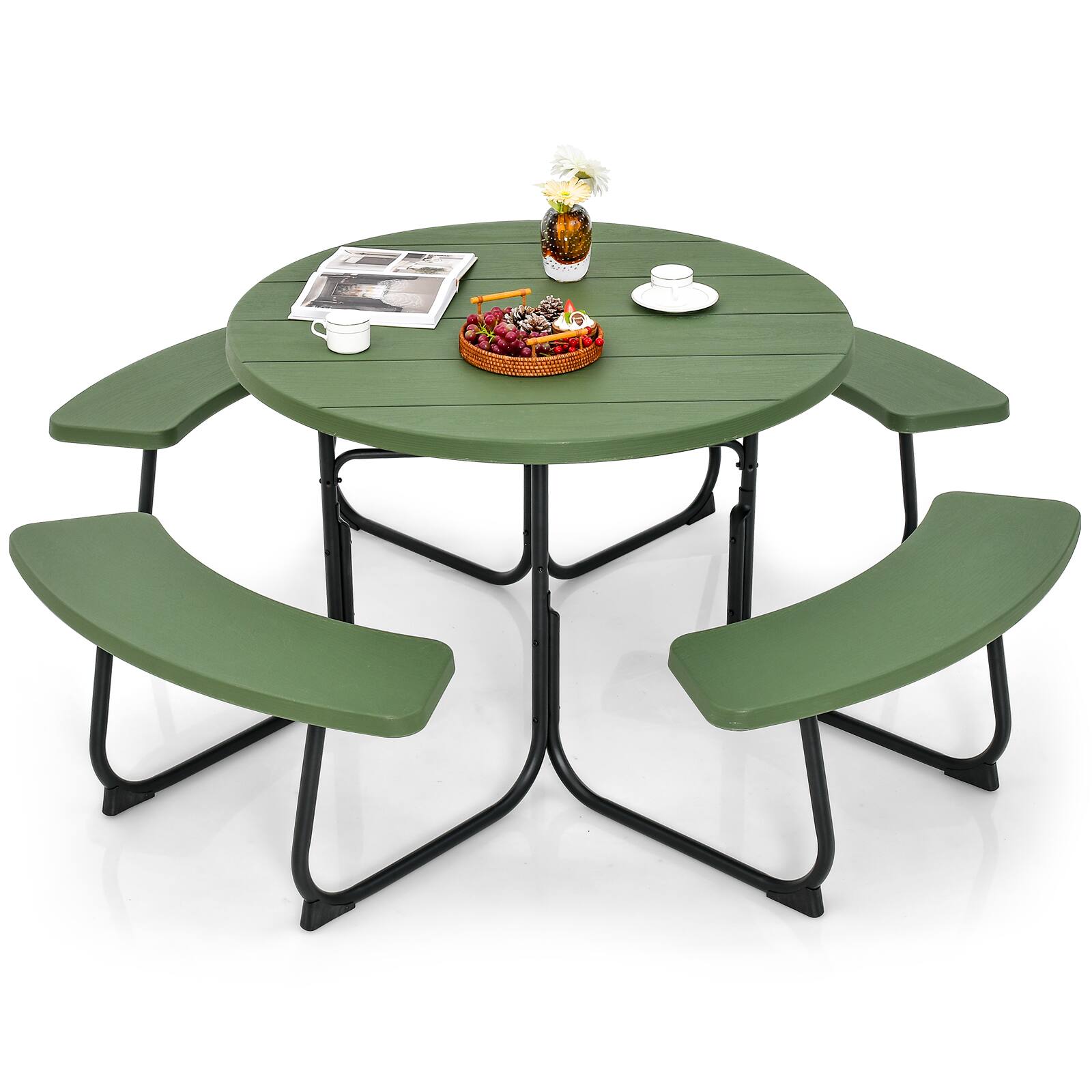 Alt View 9. Gymax - Gymax Outdoor Picnic Table Portable Picnic Table Bench w/ 4 Benches & Umbrella Hole Green - Green.