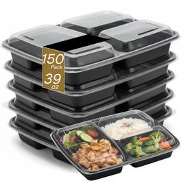 Eco Harmony Products - Microwaveable Compartmental Container (Rectangular) with Lid 3-compartment, 39oz, 150-Pack - Black