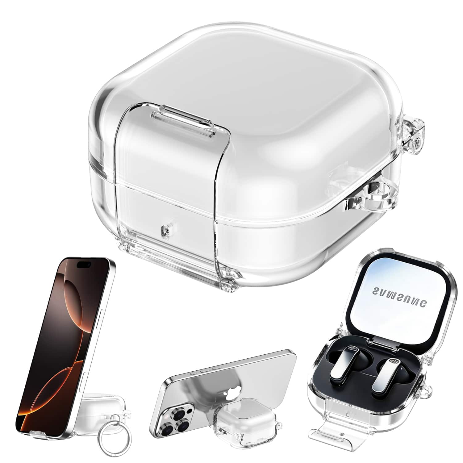 Dteck - Earphone Case for Galaxy Buds 4/4 Pro (2026) with Secure Lock, Earbud Cover with Integrated Phone Stand & Carabiner - Clear