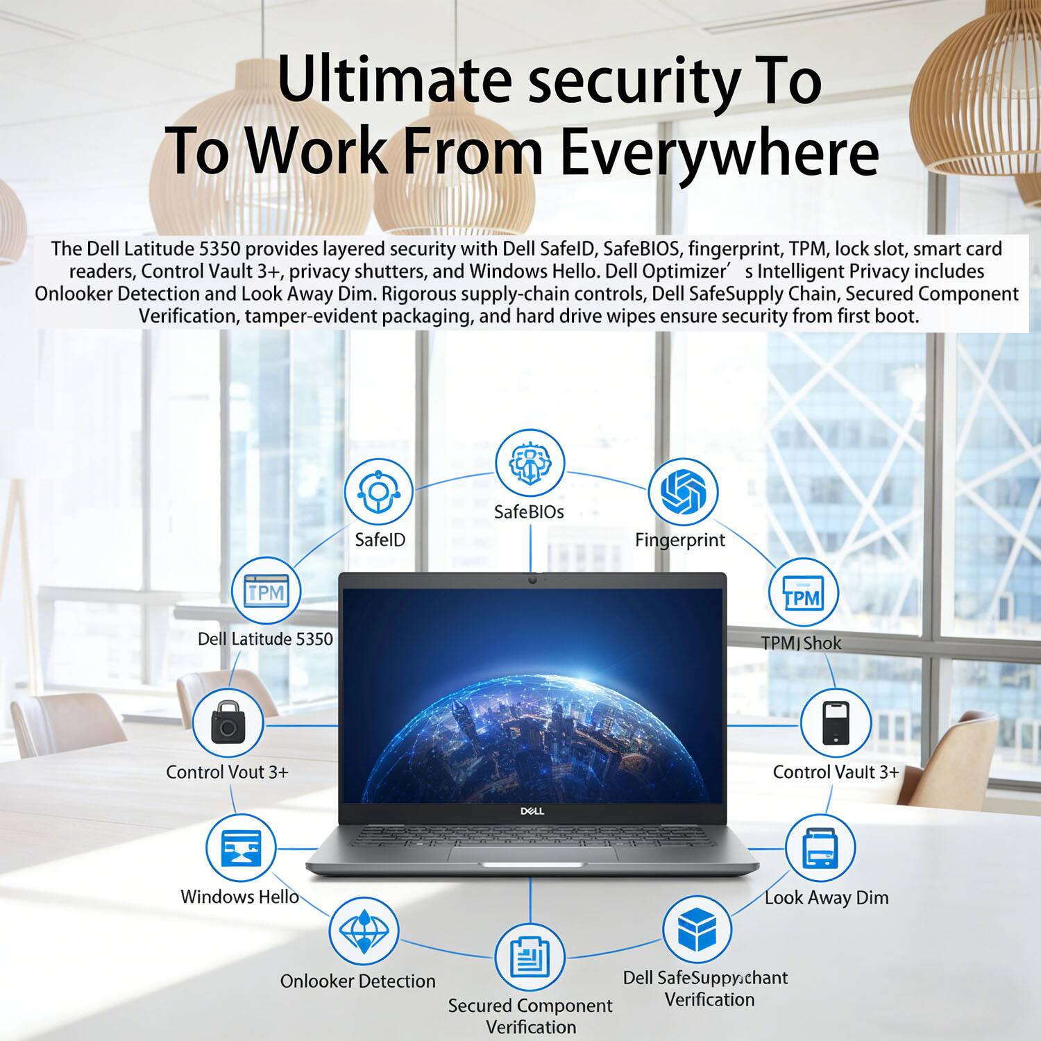 Ultimate security To Work From Everywhere

The Dell Latitude 5350 provides layered security with Dell SafeID, SafeBIOS, fingerprint, TPM, lock slot, smart card readers, Control Vault 3+, privacy shutters, and Windows Hello. Dell Optimizer's Intelligent Privacy includes Onlooker Detection and Look Away Dim. Rigorous supply-chain controls, Dell SafeSupply Chain, Secured Component Verification, tamper-evident packaging, and hard drive wipes ensure security from first boot.

- SafeBIOS
- SafeID
- Fingerprint
- TPM
- TPMI Shok
- Control Vault 3+
- Windows Hello
- Onlooker Detection
- Look Away Dim
- Dell SafeSupply Chain
- Secured Component Verification