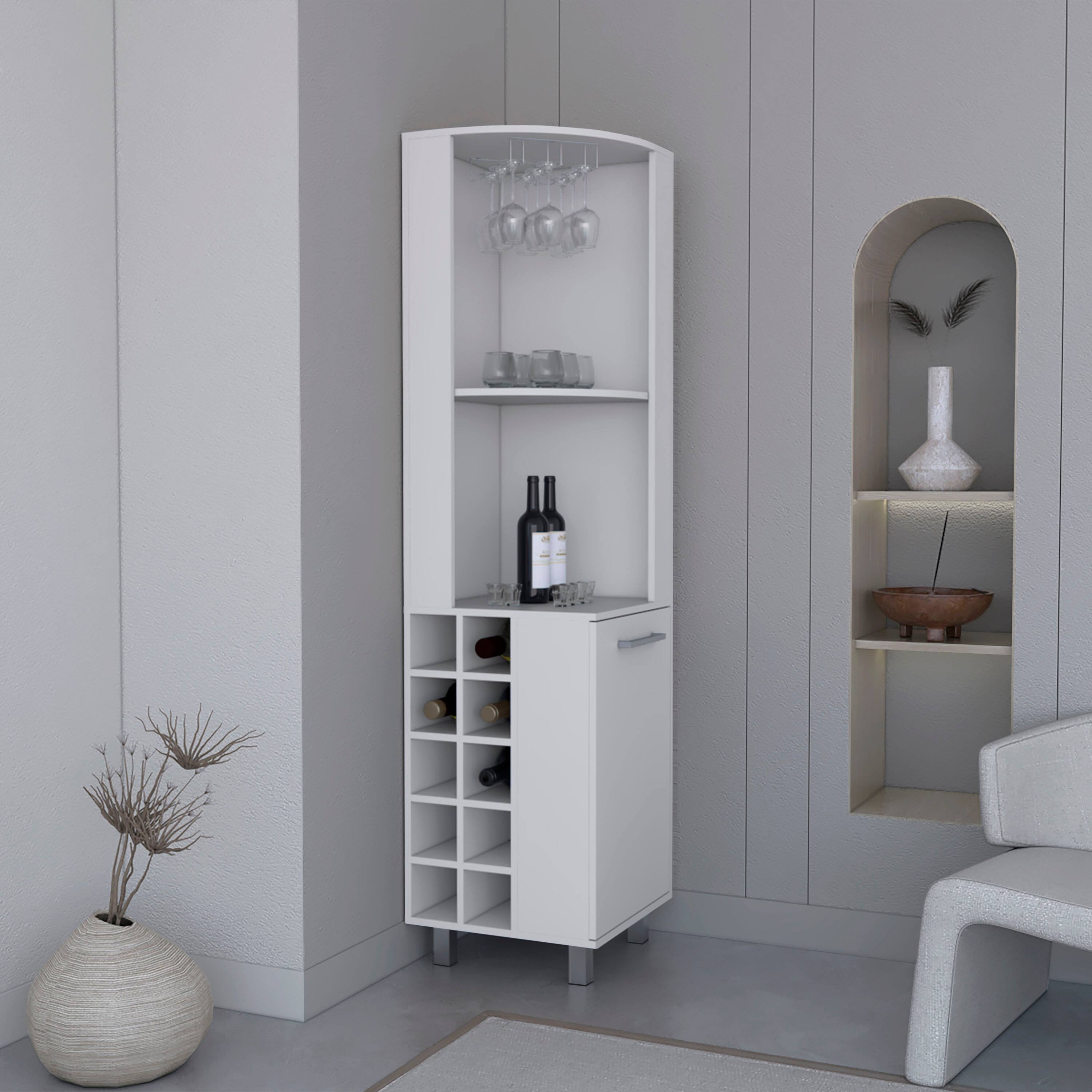 Angle. TuHome - Kaia Corner Bar Cabinet with Four Shelves, Ten Wine Bottle Cubbie Stemware, Bar Room or Living Room - White.