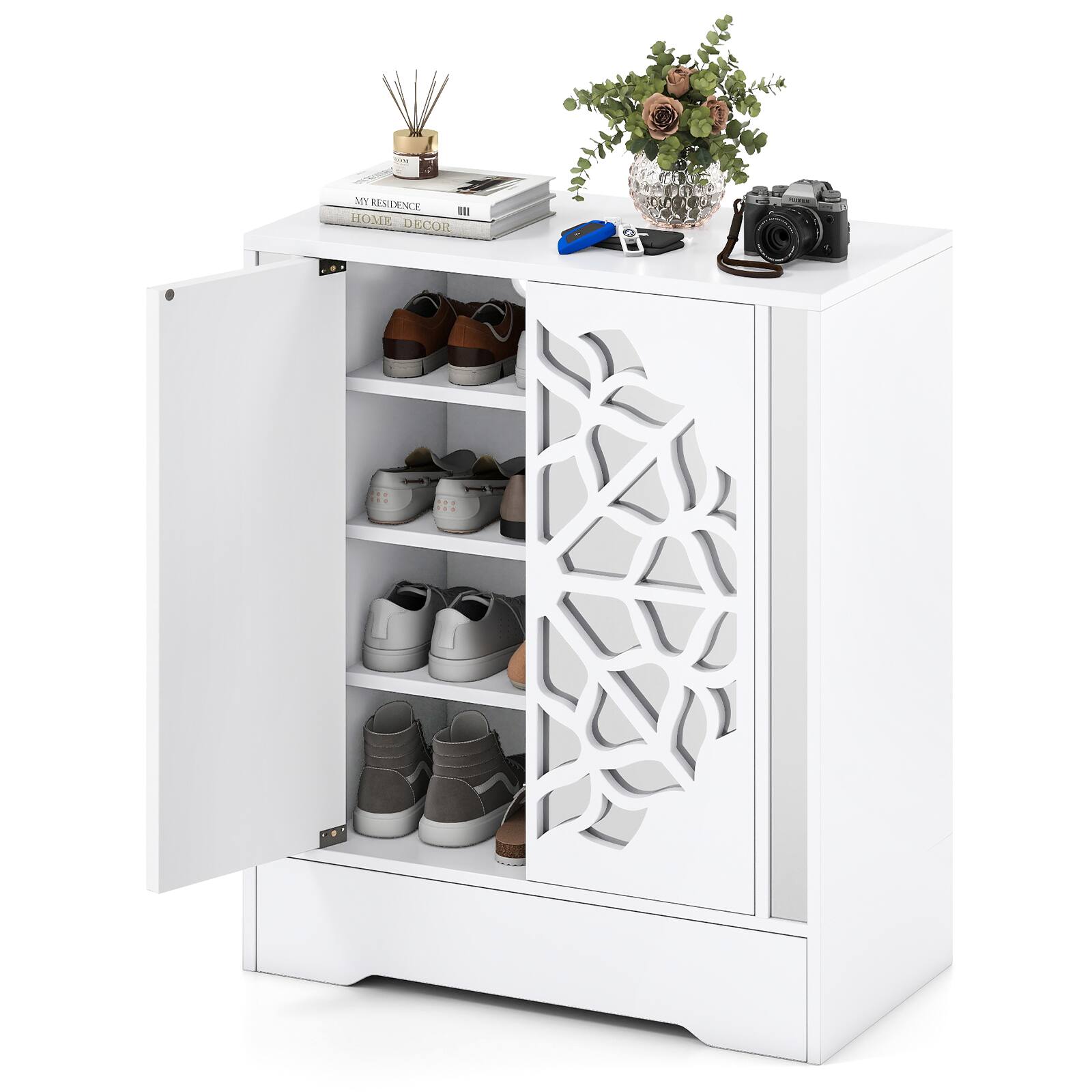 Gymax - 6-Tier Mirrored Shoe Organizer w/Laser-Engraved Floral Patterns for Entryway - White