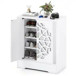 Gymax - 6-Tier Mirrored Shoe Organizer w/Laser-Engraved Floral Patterns for Entryway - White