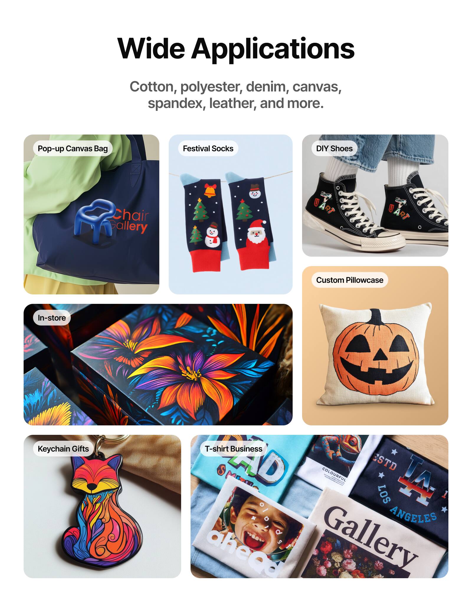 Wide Applications  
Cotton, polyester, denim, canvas, spandex, leather, and more.

- Pop-up Canvas Bag
- Festival Socks
- DIY Shoes
- Custom Pillowcase
- In-store
- Keychain Gifts
- T-shirt Business

Gallery  
COLOURFUL  
ESTD  
LOS ANGELES