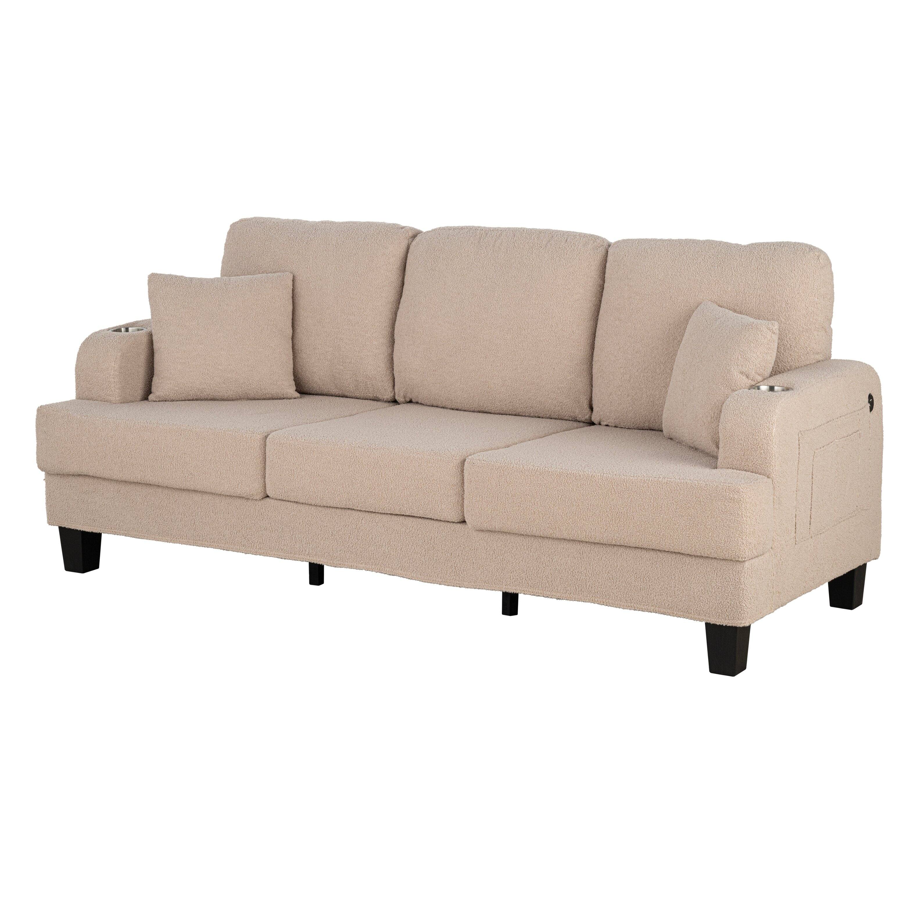 Back. Parrot Uncle - 3-Seater Fabric Upholstered Reclining Sofa with Built-In USB Charging Port and Dual Cup Holders - Beige.