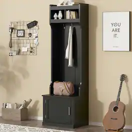 GOODSILO - Slim Hall Tree with Cabinet and Hooks, Multi-functional Storage Bench for Hallway and Living Room - Black