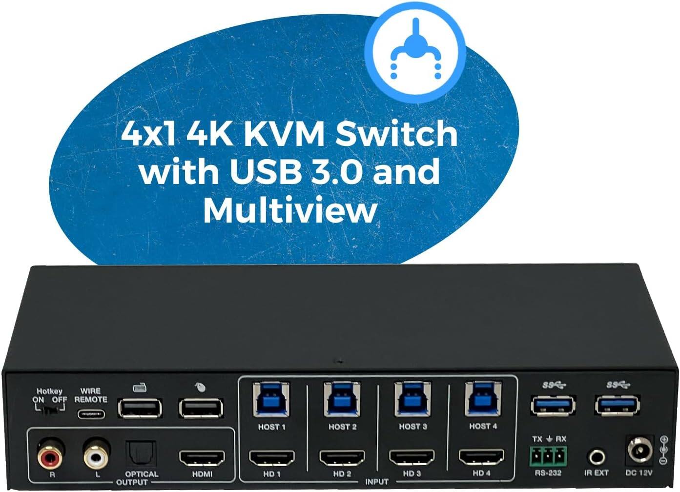 4x1 4K KVM Switch with USB 3.0 and Multiview Hotkey, Wire On/Off, Remote, SS4, SS4, A, L, Optical Output, HDMI Host 1, HD 1, Host 2, HD 2, Host 3, HD 3, Input, Host 4, HD 4, TX/RX, RS-232, IR Ext, DC 12V.
