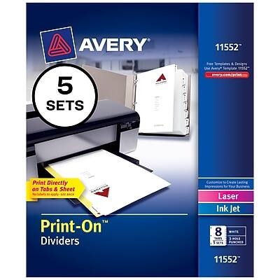 AVERY 11552  
5 SETS  
Free Templates & Designs  
Print Directly on Tabs & Sheet  
Print-On™ Dividers  
Customize to Create Lasting Impressions for Your  
Laser Ink Jet  
8 TABS  
3.5" x 8" PUNCHED  
11552