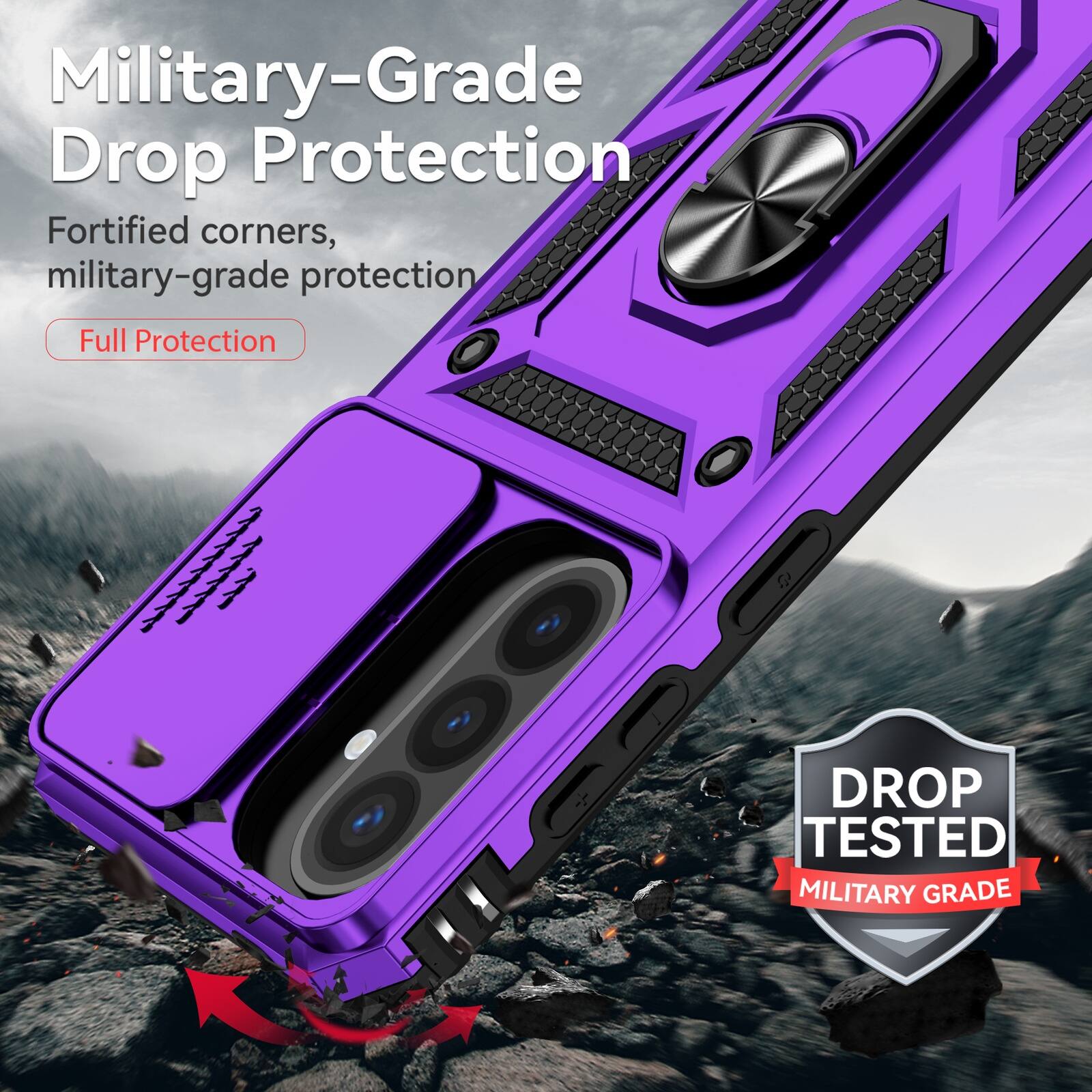 Military-Grade Drop Protection  
Fortified corners, military-grade protection  
Full Protection  

DROP TESTED MILITARY GRADE