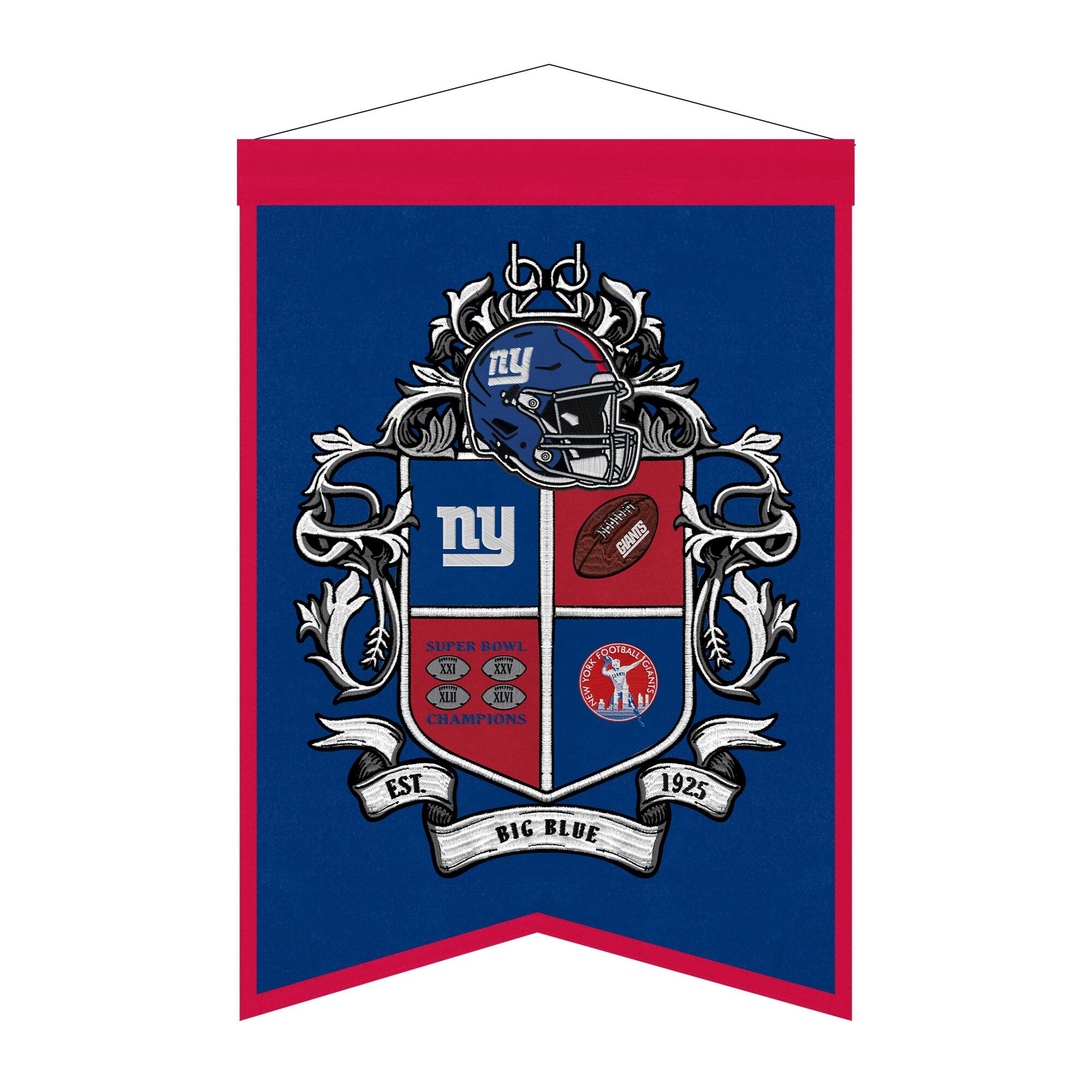 NY NY  
NETIN GANIS  
SUPER BOWL XXI XXV XXII XXIII  
CHAMPIONS  
EST. BIG BLUE 1925