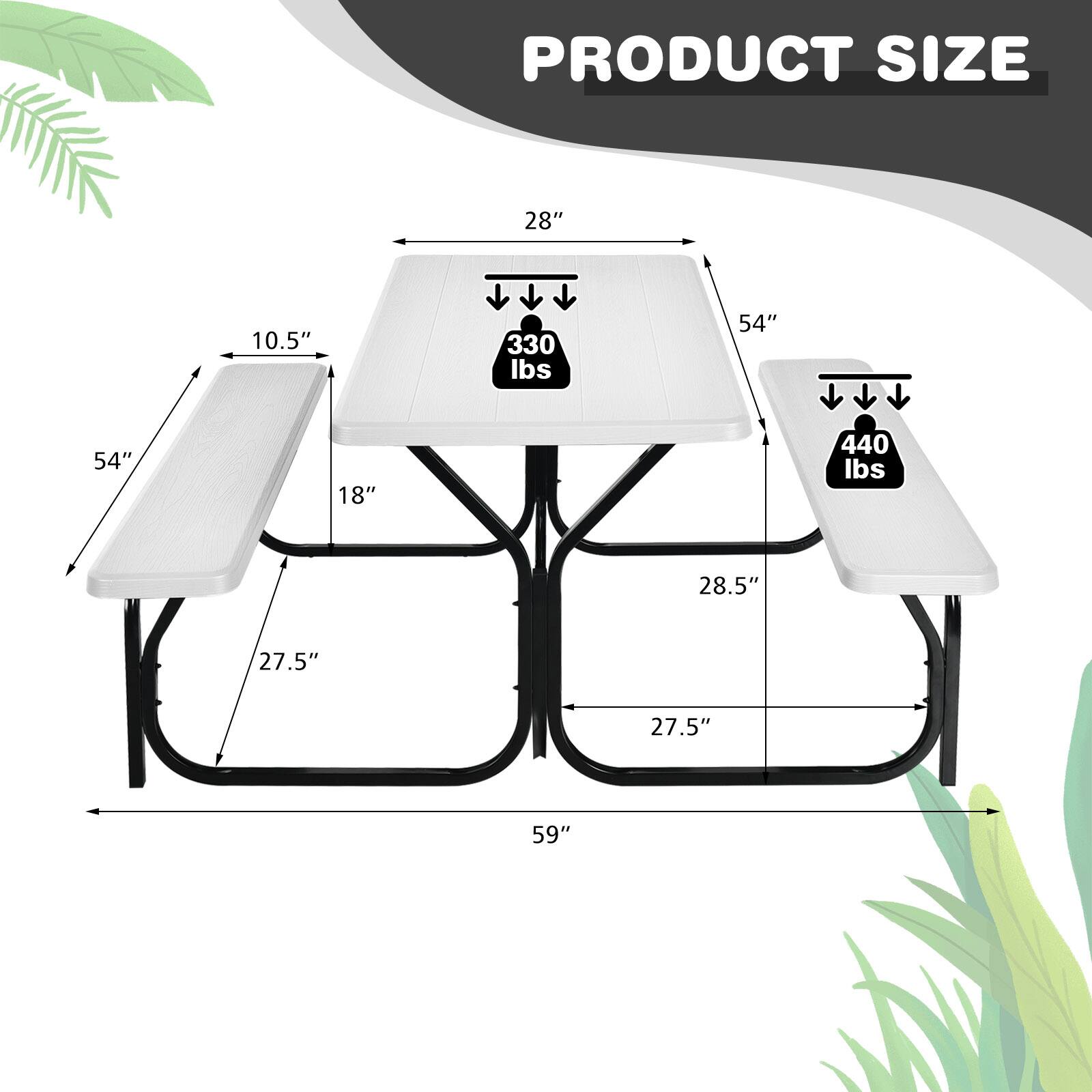 PRODUCT SIZE
28"
10.5"
330 lbs
54"
54"
18"
440 lbs
28.5"
27.5"
27.5"
59"