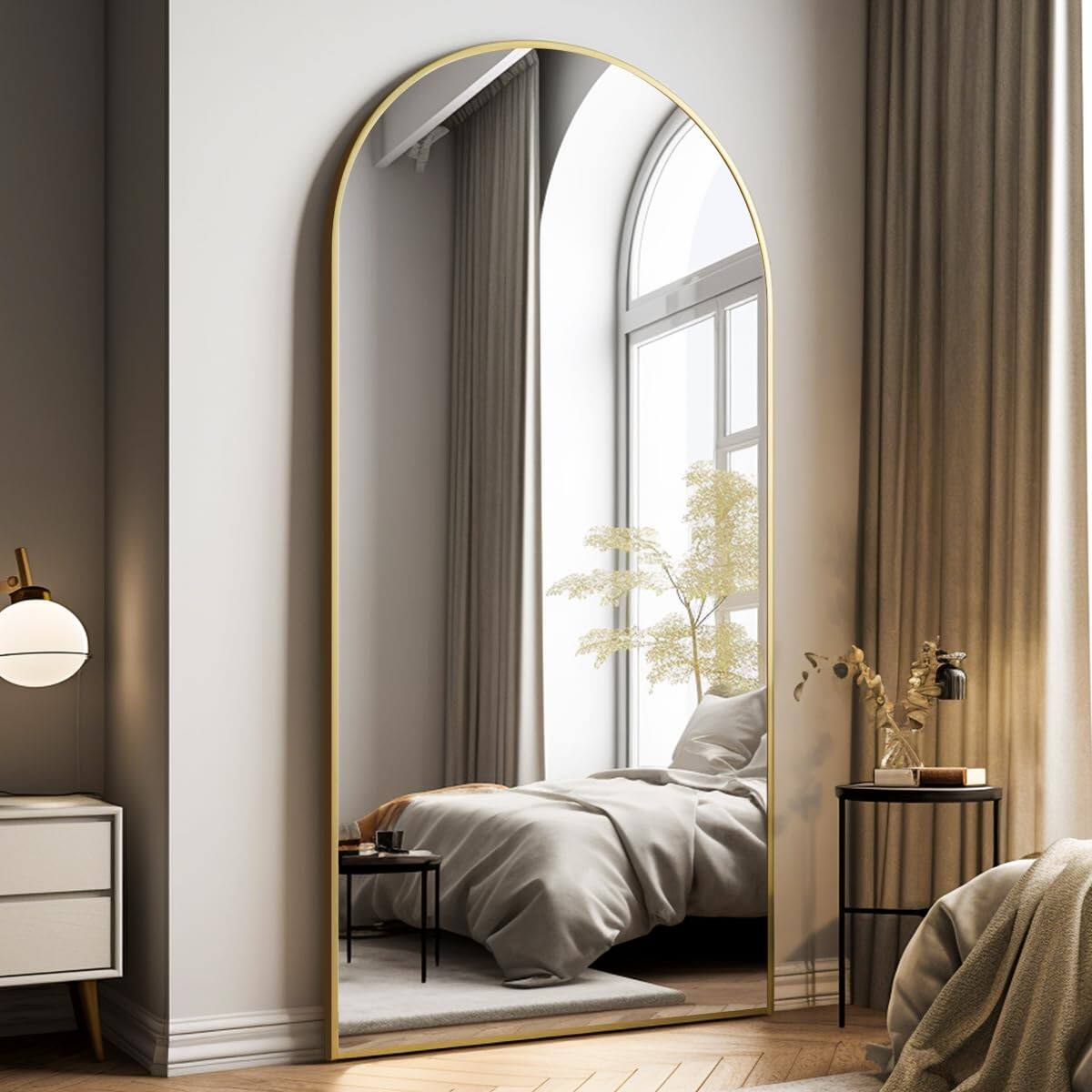 Alt View 1. Hanke - Oversized Full-body Mirror Arched Full-length Metal Frame Floor For Bedroom Living dressing Room Gym - wall - Silver 76"L x 34"W.