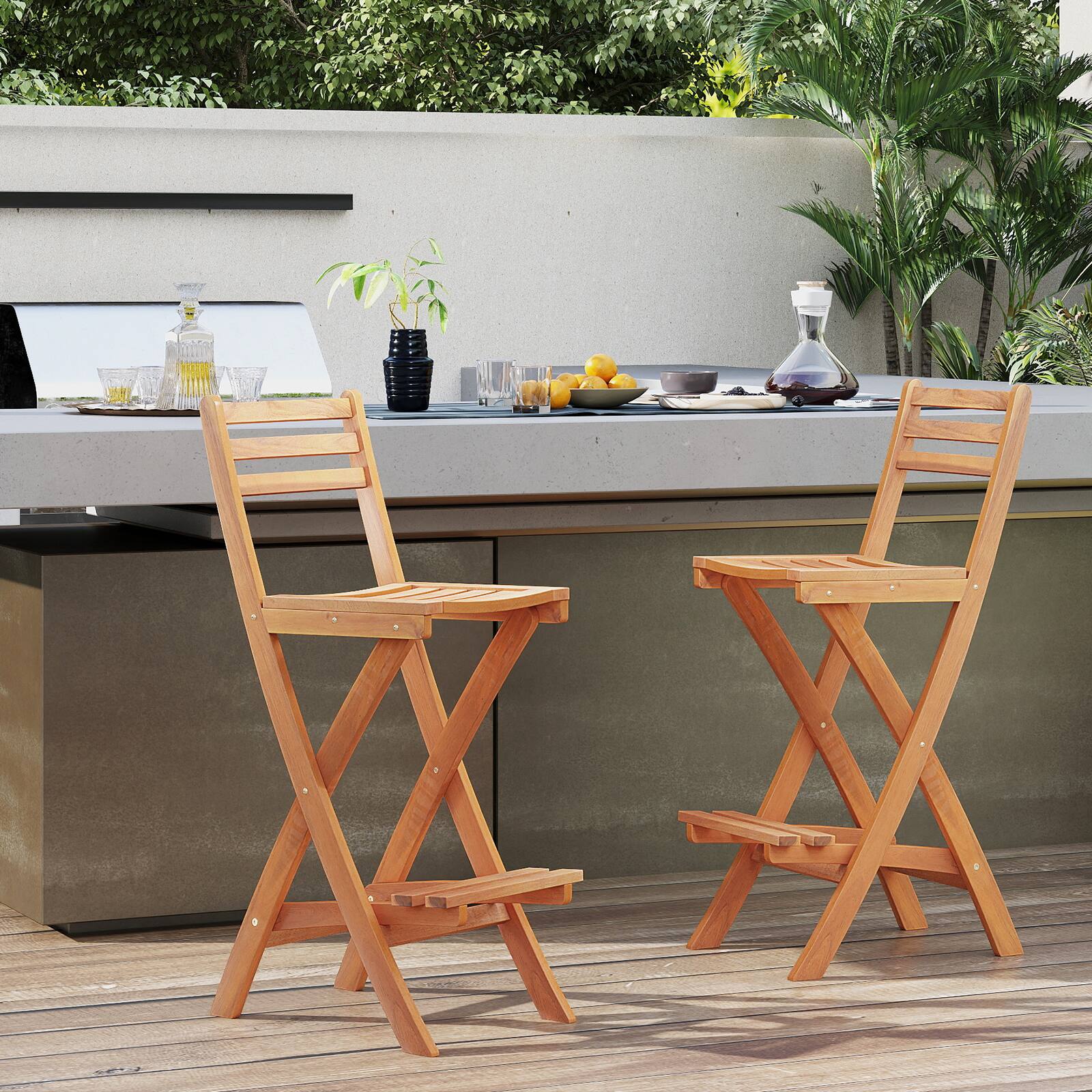 Gymax Outdoor Folding Bar Stools Set of 2 w/Backrest Footrest