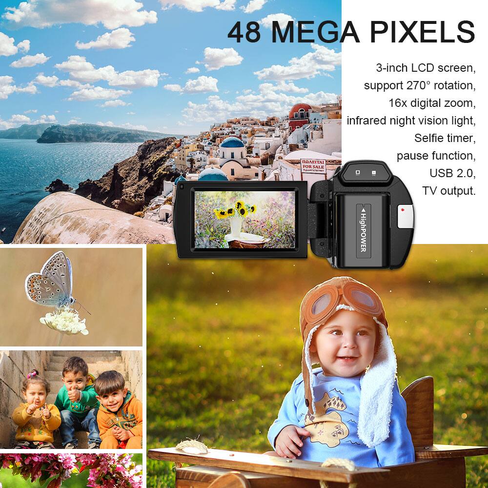 48 MEGA PIXELS

3-inch LCD screen, support 270° rotation, 16x digital zoom, infrared night vision light, Selfie timer, pause function, USB 2.0, TV output. HighPOWER
