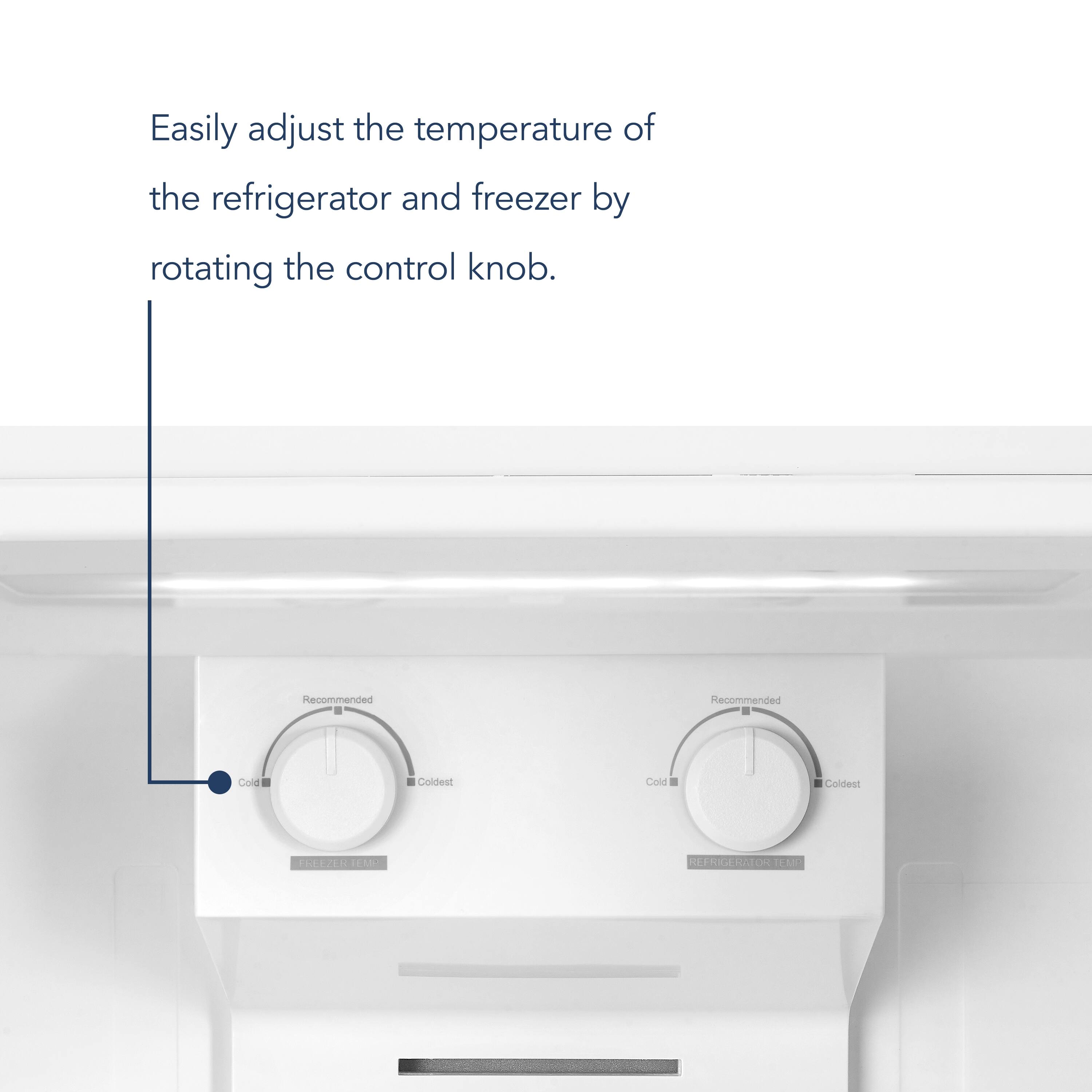 Easily adjust the temperature of the refrigerator and freezer by rotating the control knob. Recommended settings are: Coldest at 1A, Cold at 2A, and Normal at 3A.