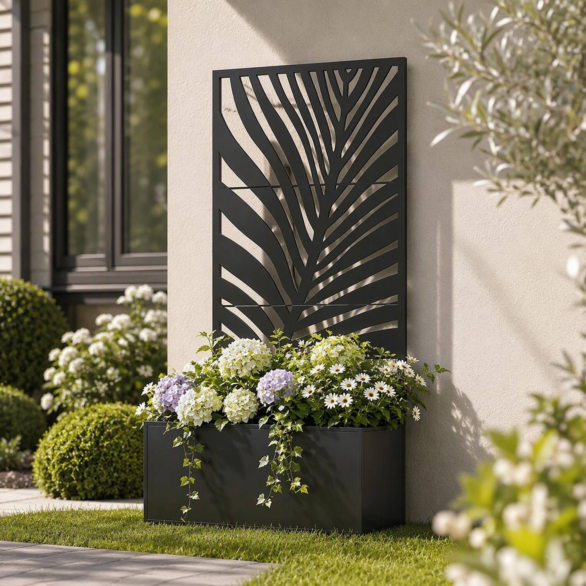 Angle. RYHNUYNE - Outdoor Raised Garden Bed with Leaf Privacy Screen and Tall Trellis, 32-Gallon Metal Planter Box for Patio - Black.