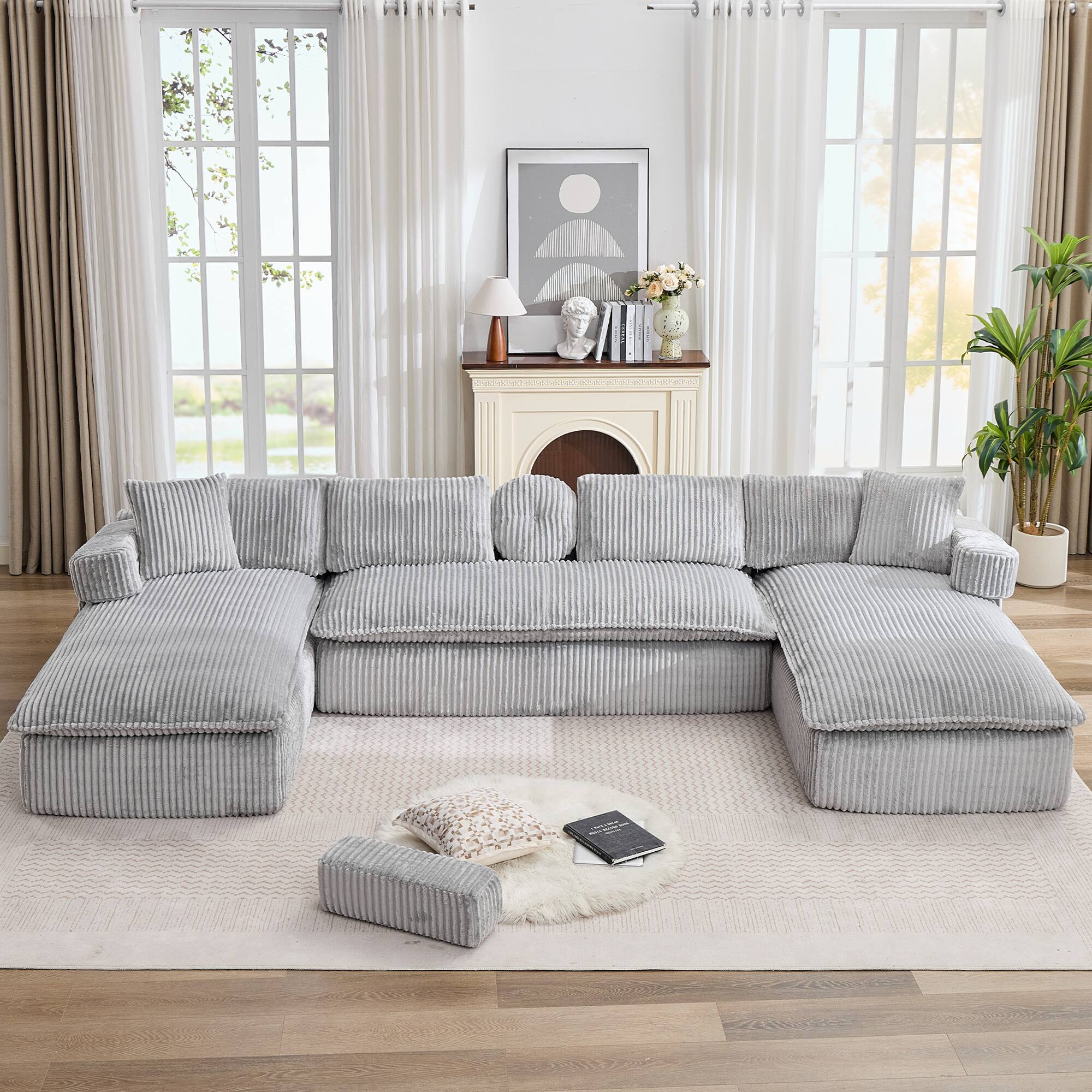 Angle. Anysun - 149" Oversized U-Shaped Sectional Sofa – Deep Seat, Side Pocket, Movable Armrests, Corduroy – No Assembly Required - Gray.