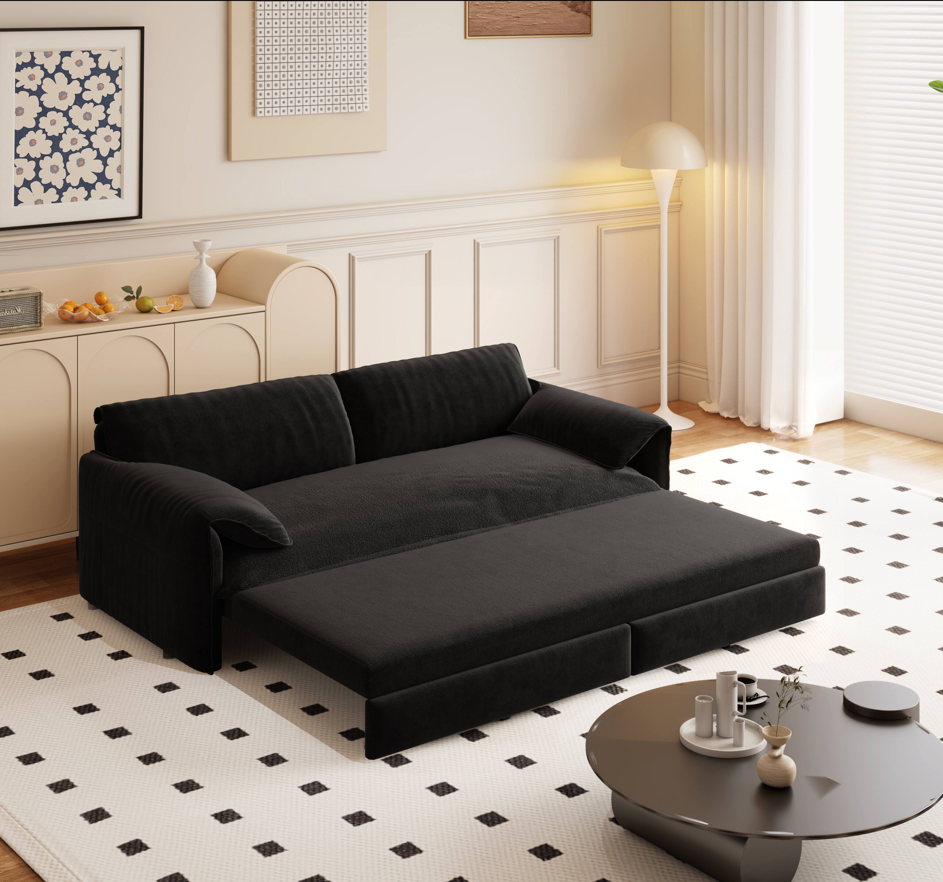 Left. APRILSOUL - Queen Pull Out Sofa Bed 3 in 1 Convertible Sleeper Side Storage Velvet Loveseat Living Room Bedroom Apartment Office - Black.