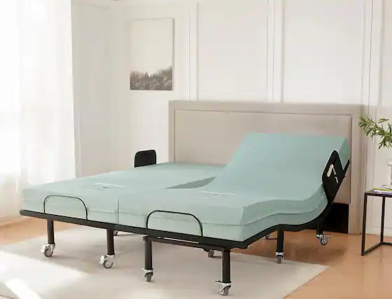 Front. Renanim - Split King Adjustable Bed Frame with Bed Rails + 6" Egg Crate Mattress, Wireless Remote, USB Ports, Brake Wheel Legs - Black.