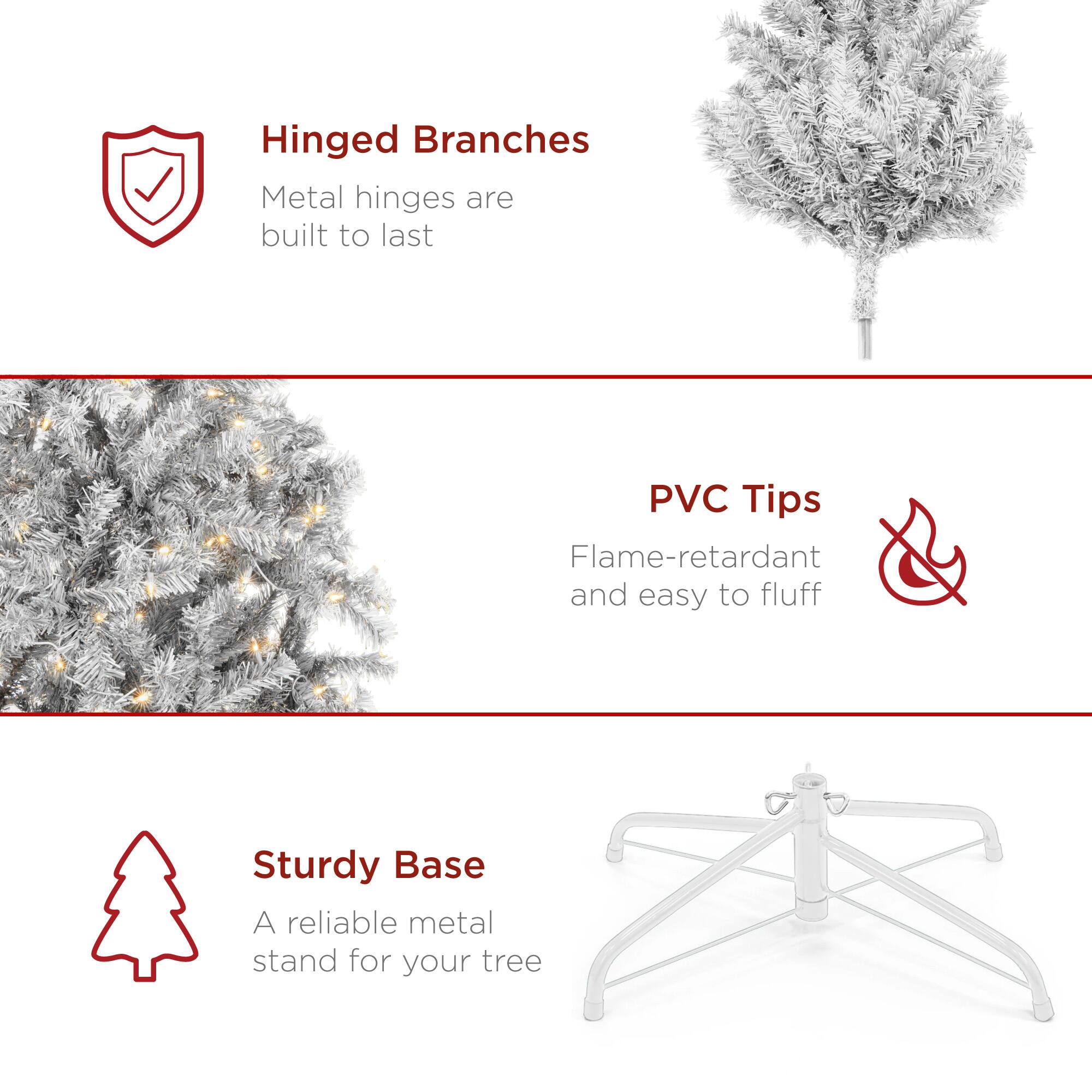 Hinged Branches  
Metal hinges are built to last  

PVC Tips  
Flame-retardant and easy to fluff  

Sturdy Base  
A reliable metal stand for your tree