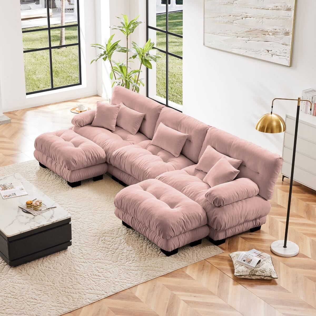Front. Ropilly - Ropilly Pink Chenille Sectional Sofa U Shaped Modular Deep Seat Cloud Couch with Ottomans - Pink.
