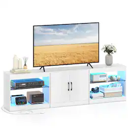 Costway - TV Stand with Power Outlets Adjustable LED Lights Storage Cabinet for TVs up to 85" - White