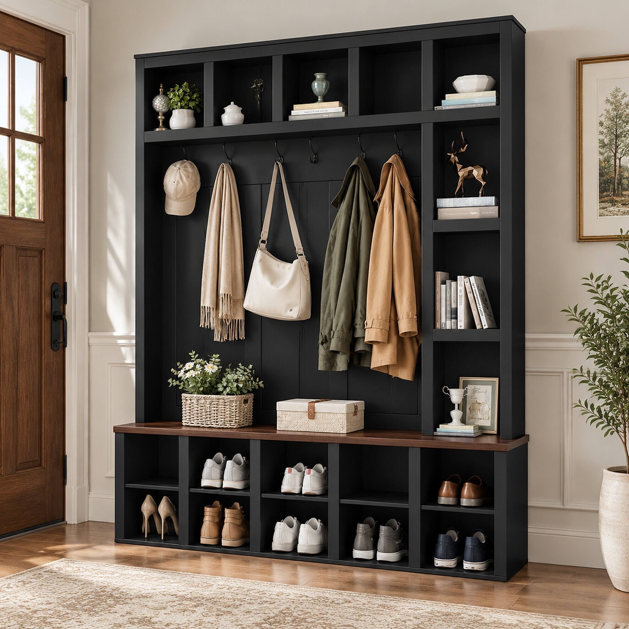 RYHNUYNE 4 in 1 Hall Tree, 59.0 in Wide, Walnut Bench, Black Finish, 6 ...