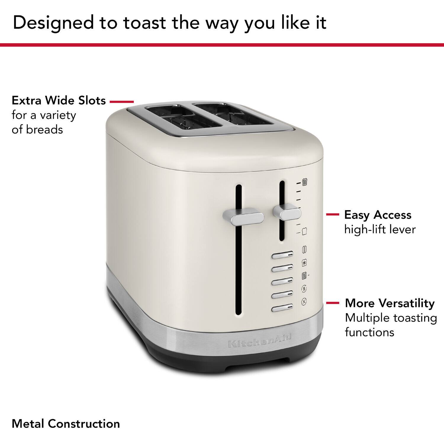Designed to toast the way you like it, this toaster features extra-wide slots for a variety of breads, making it easy to accommodate different types of bread. The high-lift lever and easy access design ensure that you can easily remove your toast without burning your fingers. The toaster also offers more versatility with multiple toasting functions, and it is made of metal construction for durability.