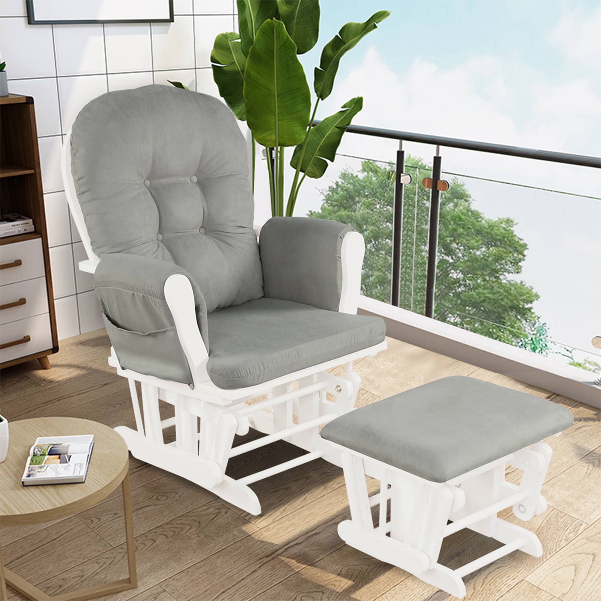 Alt View 2. Costway - Glider and Ottoman Cushion Set Wood Nursery Rocking Chair - Gray.