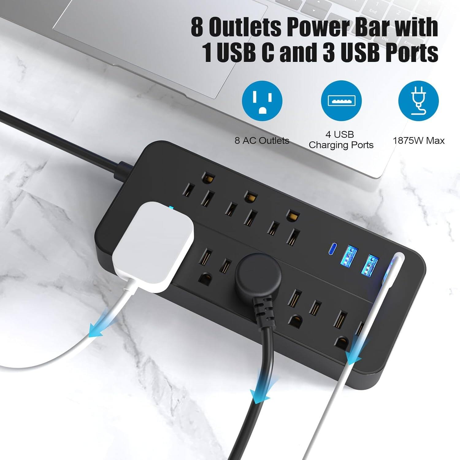 1. a End
2. 8 Outlets Power Bar with 1 USB C and 3 USB Ports
3. 4 USB Charging Ports
4. 8 AC Outlets
5. 1875W Max
6. SXr BFE