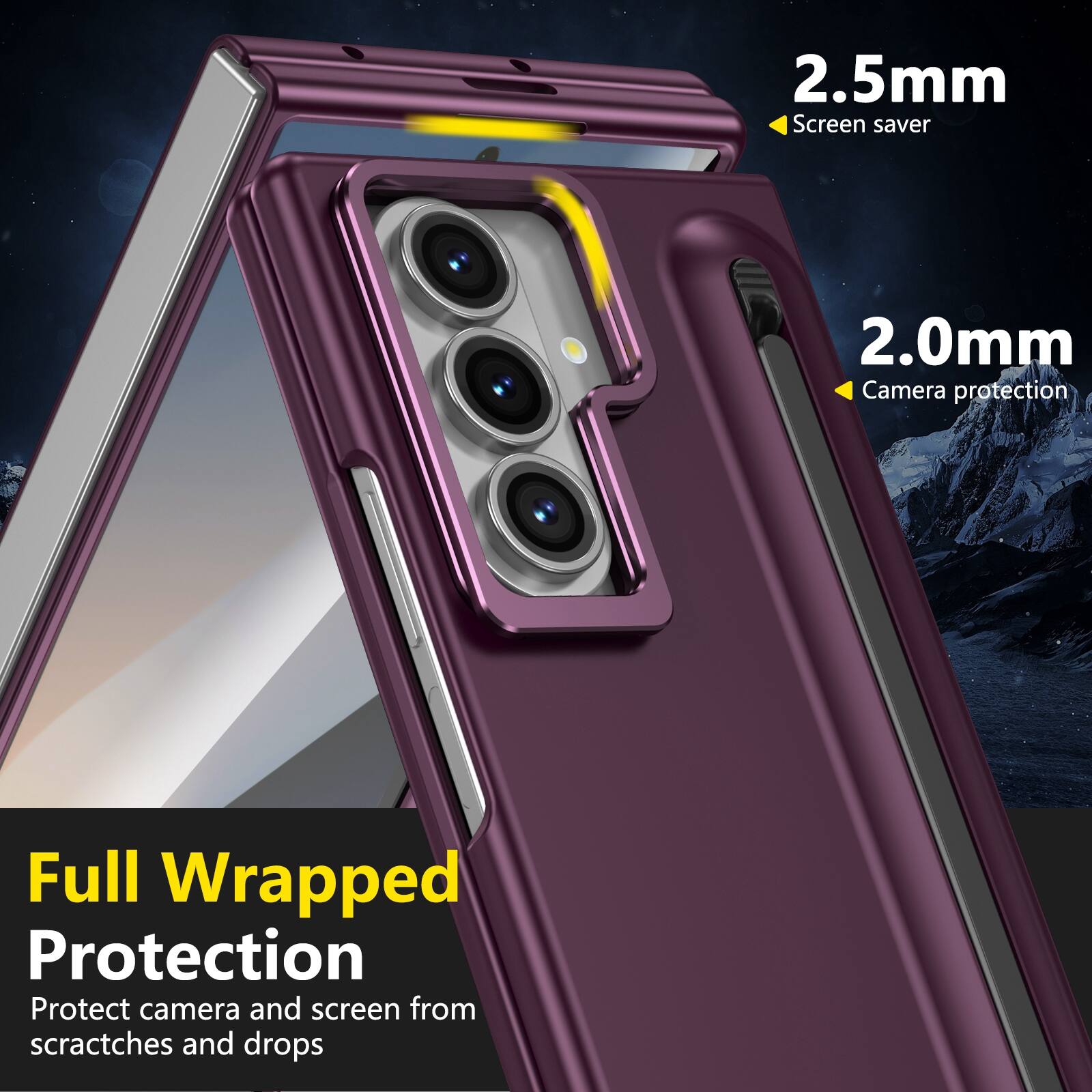 2.5mm Screen saver  
2.0mm Camera protection  
Full Wrapped Protection  
Protect camera and screen from scratches and drops