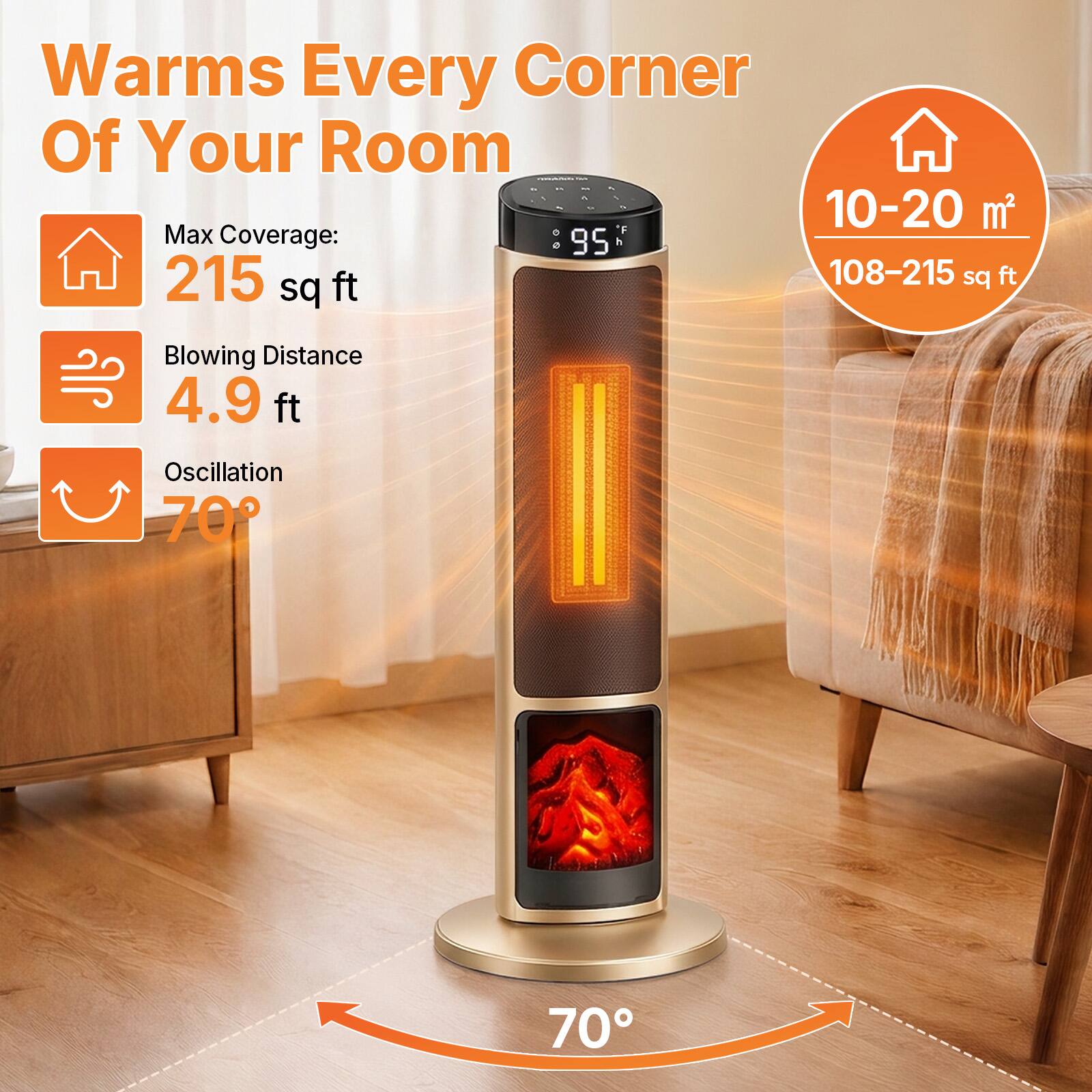 Warms Every Corner Of Your Room  
Max Coverage: 215 sq ft  
Blowing Distance: 4.9 ft  
Oscillation: 70°  

10-20 m²  
108-215 sq ft