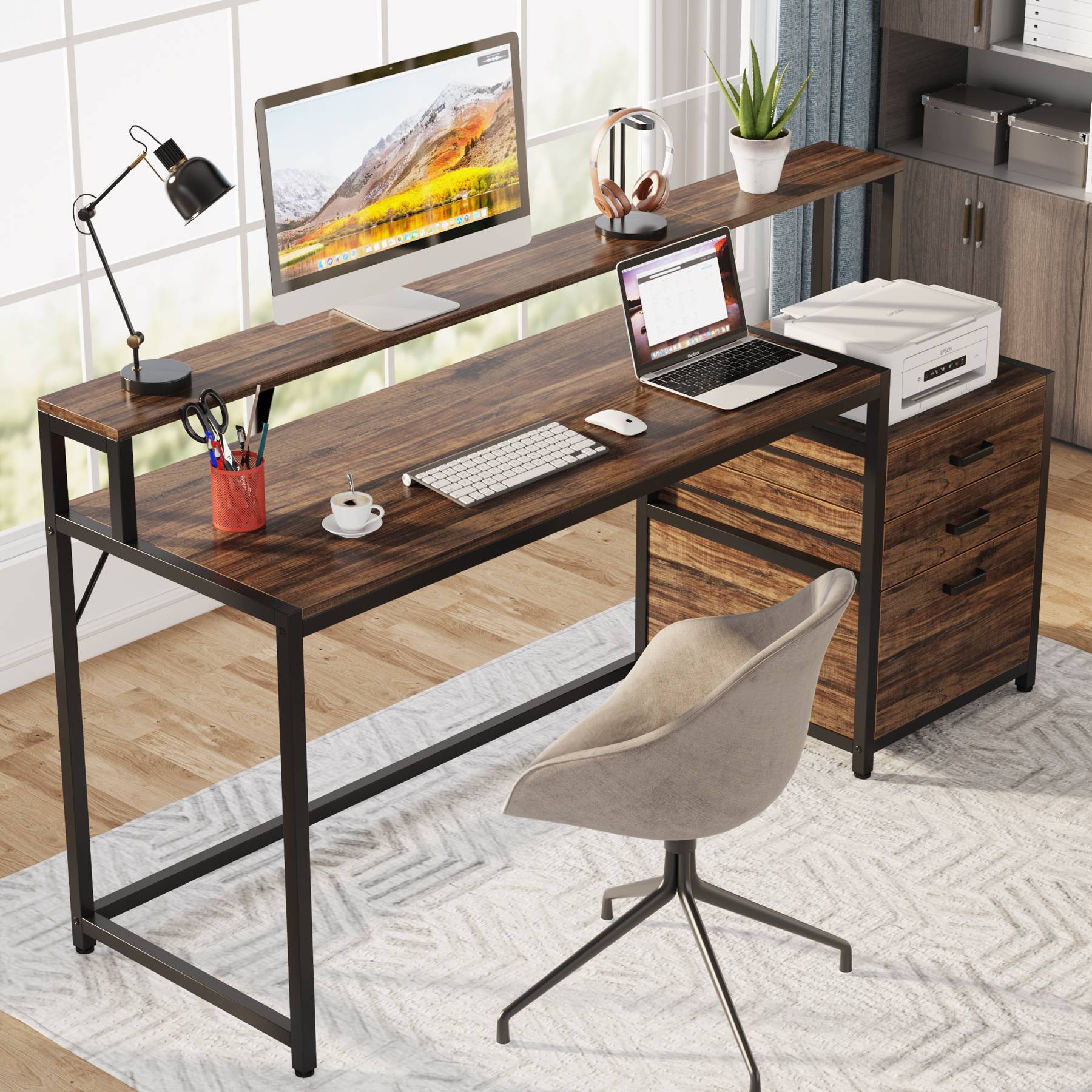 Alt View 1. Tribesigns - Office Computer Desk with Engineered Wood Construction, for Computer Work, Writing and Study in Home Offices - Brown.