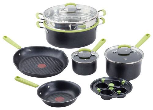 Front Standard. T-Fal - Balanced Living 10-Piece Nonstick Cookware Set - Black/Green.