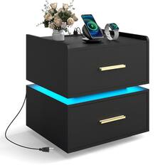 Front. Costway - Costway 1 PCS Nightstand with Charging Station,LED Bedside Table with 2 Storage Drawers - Black.