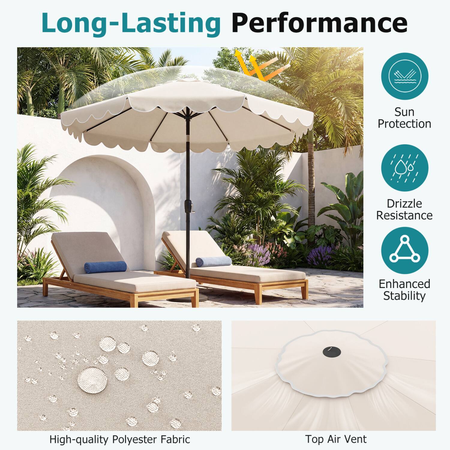 Long-Lasting Performance  
Sun Protection  
Drizzle Resistance  
Enhanced Stability  
High-quality Polyester Fabric  
Top Air Vent