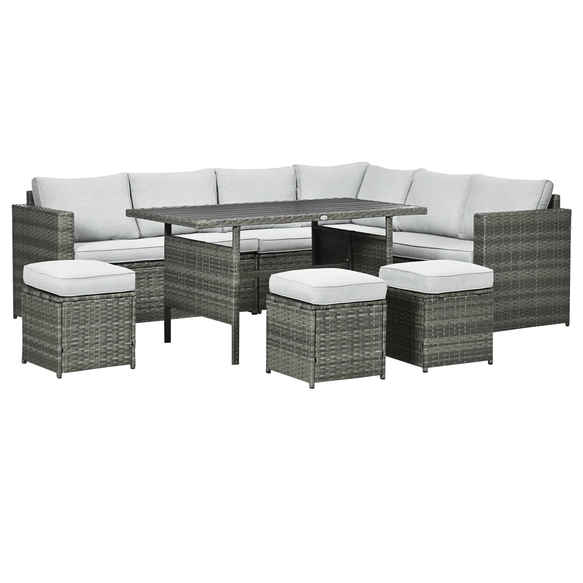 Outsunny - Wicker Outdoor Patio Furniture Set, L-Shaped 7 Piece Outdoor Dining Sectional Sofa with Dining Table and Chair - Gray