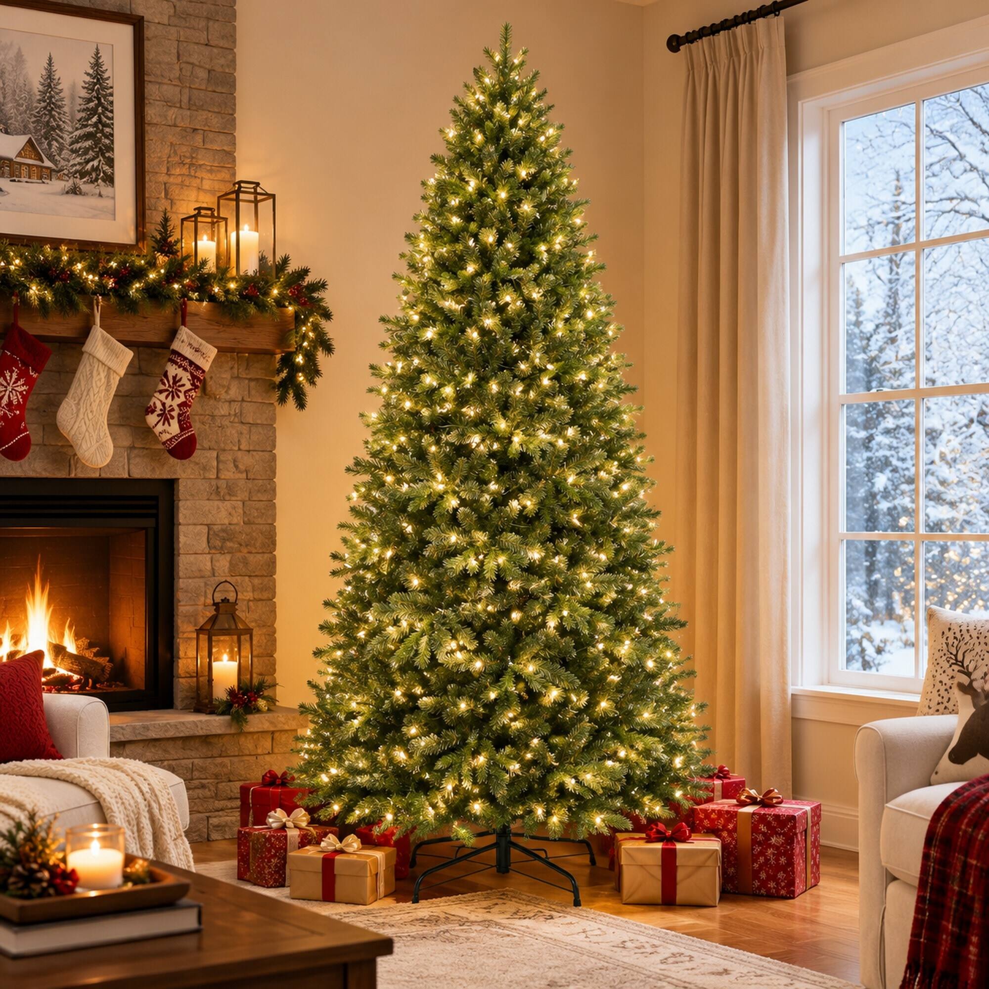 RYHNUYNE 7 Ft Lush Artificial Christmas Tree With 400 Warm White LED ...