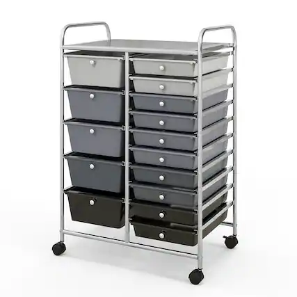 Front. Gymax - Gymax 15 Drawer Rolling Storage Cart Opaque Multicolor Drawers Home Organizer Mixed Black - Silver, Mixed Black.