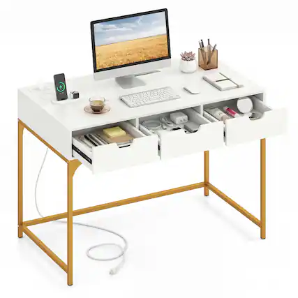 Front. Costway - Costway Office Desk with Power Outlets,43.5" Modern Writing Desk with Hidden Compartment - White & Gold.