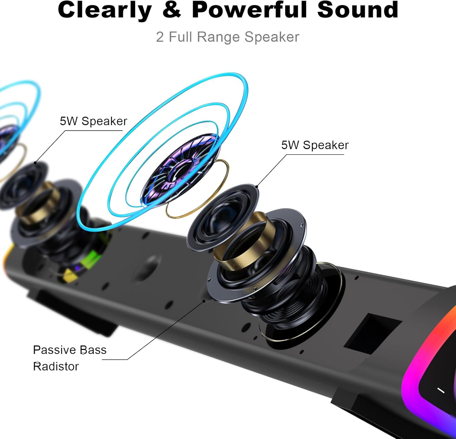 Clearly & Powerful Sound  
2 Full Range Speaker  
5W Speaker  
5W Speaker  
Passive Bass Radiator