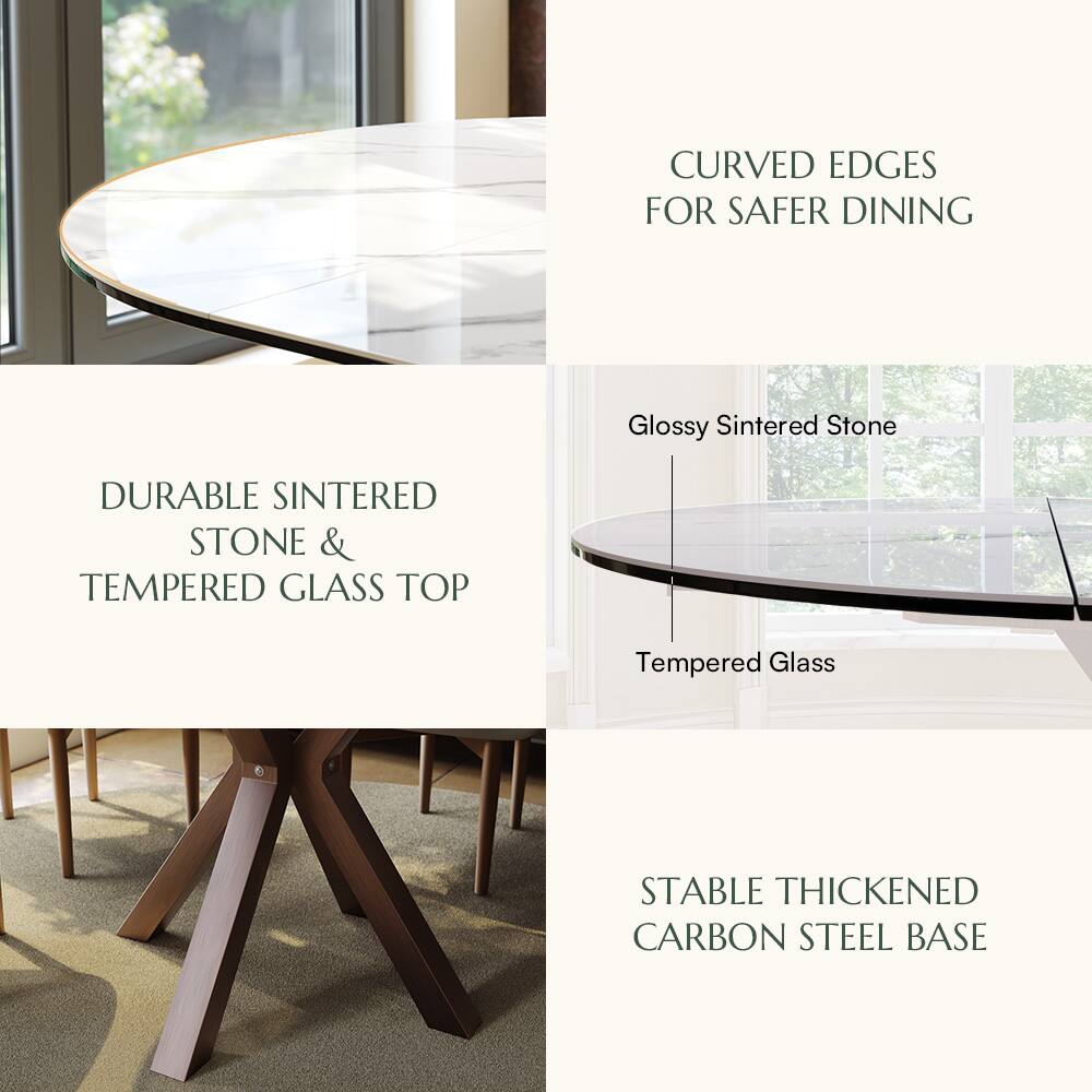 CURVED EDGES FOR SAFER DINING

DURABLE SINTERED STONE & TEMPERED GLASS TOP

Glossy Sintered Stone
Tempered Glass

STABLE THICKENED CARBON STEEL BASE