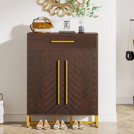 TinyHomie - 31.5 inches Walnut and Gold Wooden Shoe Storage Cabinet with Doors - Dark Walnut
