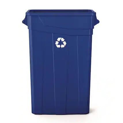 Front. Suncast - 23 Gallon Resin Slim Recycling Trash Can, Plastic, Blue/White.